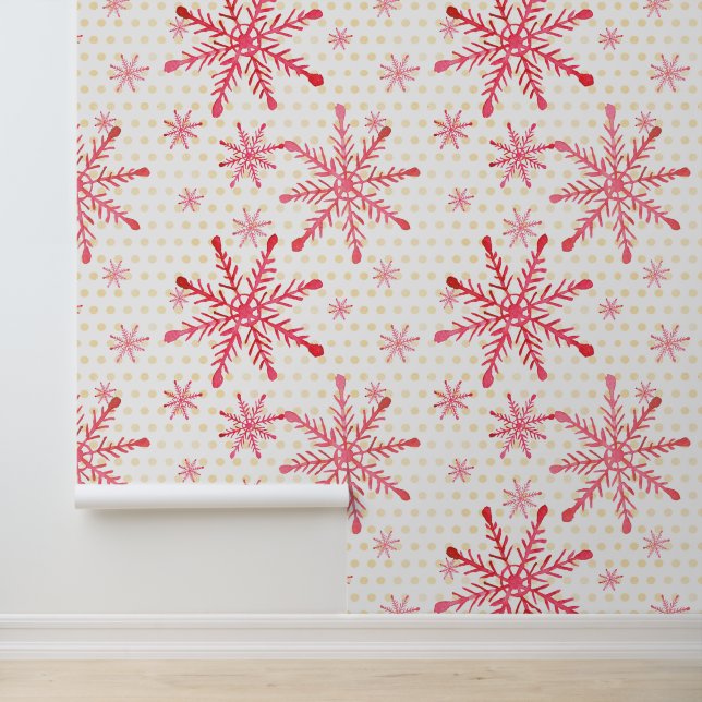 Snowflakes Red Watercolor Gold Dots Wallpaper (Application)