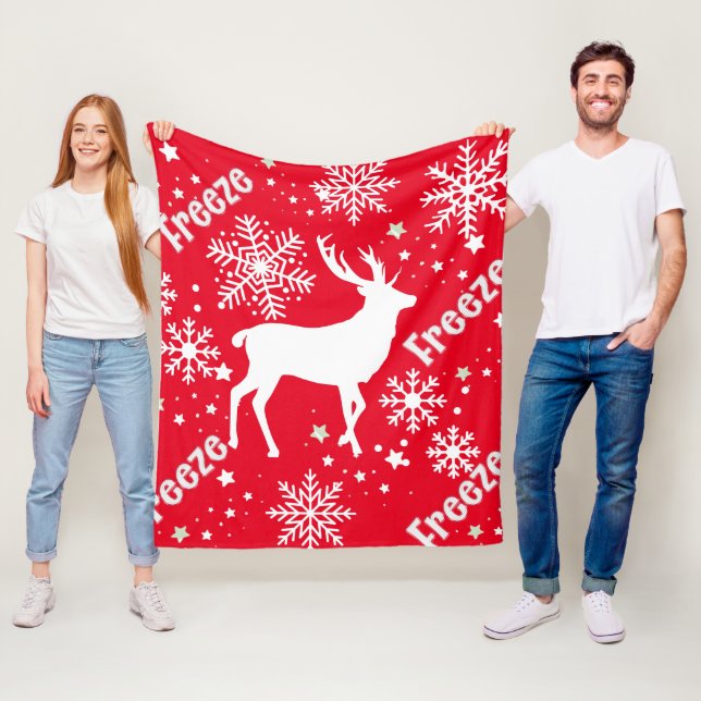 Snowflakes reindeer red fleece blanket (In Situ)