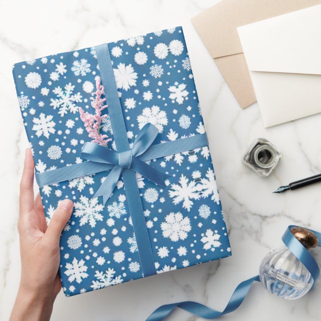 Snowflakes repeating pattern white blue  wrapping paper (Gifting)