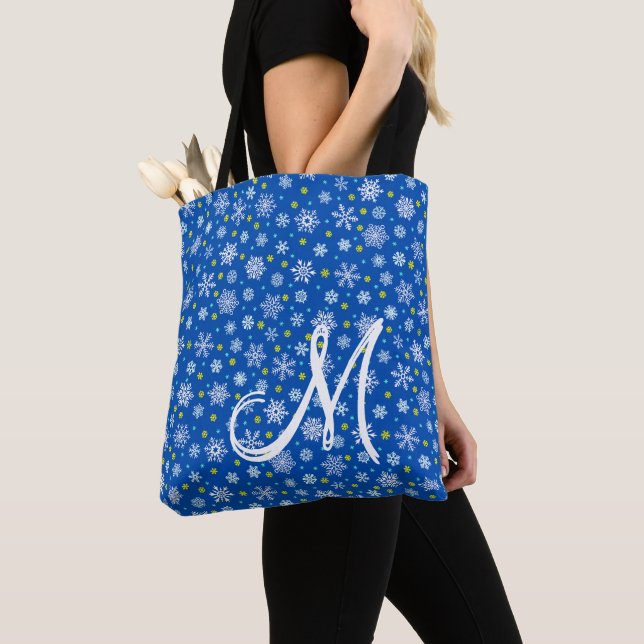 Snowflakes Royal Blue Navy Blue Custom Monogram Tote Bag (Close Up)