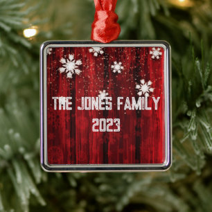 Snowflakes Rustic Red Wood Family Name Metal Tree Decoration