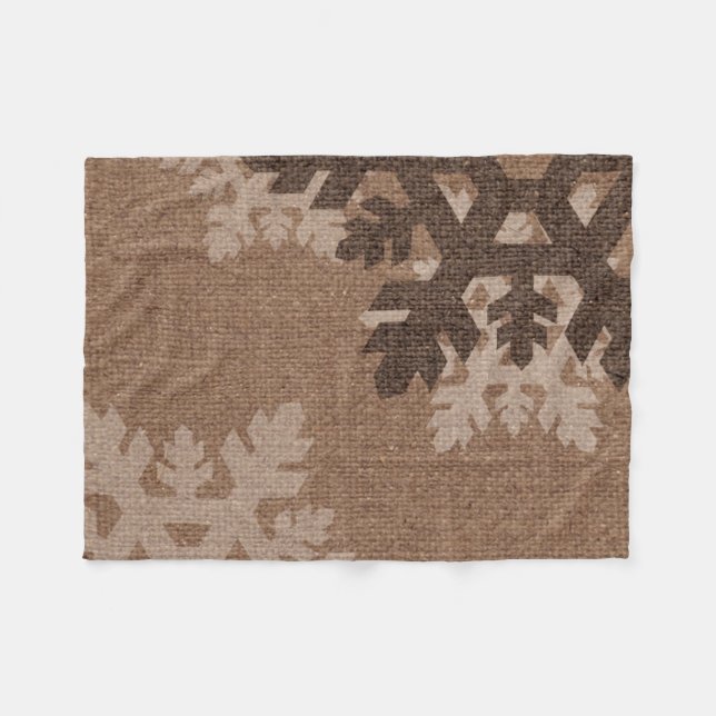 Snowflakes Rustic Style Faux Burlap Chic Holiday Fleece Blanket (Front (Horizontal))