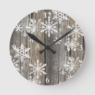 Snowflakes Rustic Wood Clock