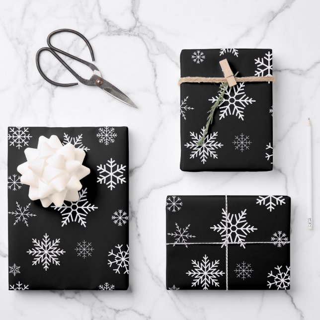 Snowflakes Seamless Pattern Black Christmas Wrapping Paper Sheet (Front)