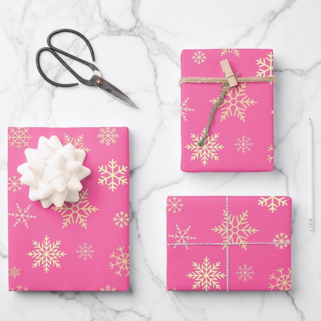 Snowflakes Seamless Pattern Hot Pink Christmas Wrapping Paper Sheet (Front)
