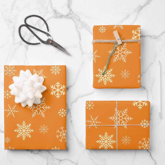 Snowflakes Seamless Pattern Orange Christmas Wrapping Paper Sheet (Front)
