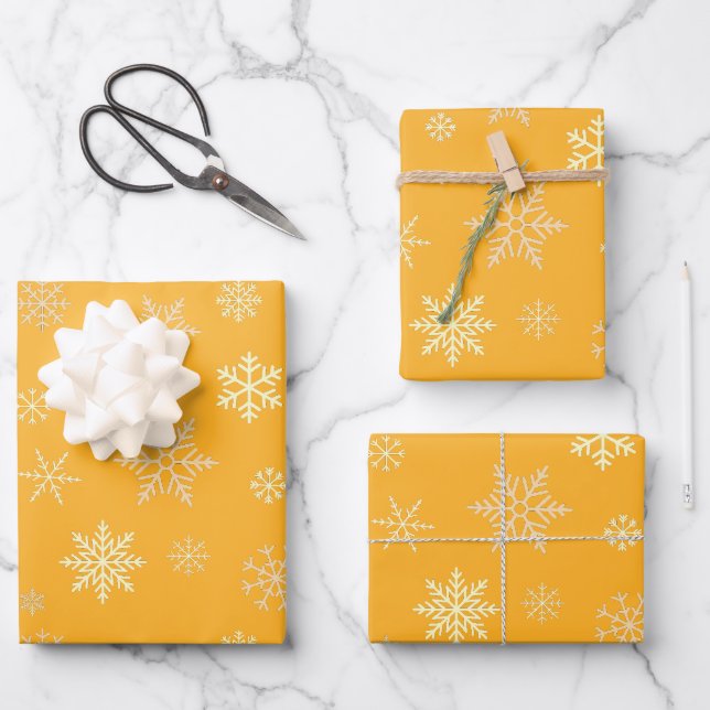 Snowflakes Seamless Pattern Yellow Christmas Wrapping Paper Sheet (Front)