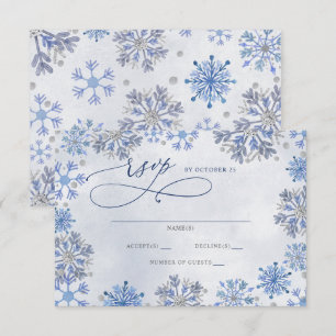 Snowflakes Silver Blue Christmas Winter Wedding RSVP Card