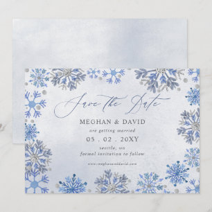 Snowflakes Silver Blue Christmas Winter Wedding Save The Date