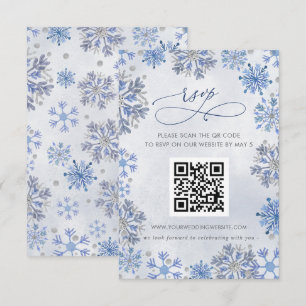 Snowflakes Silver Blue Winter Wedding QR CODE RSVP Card