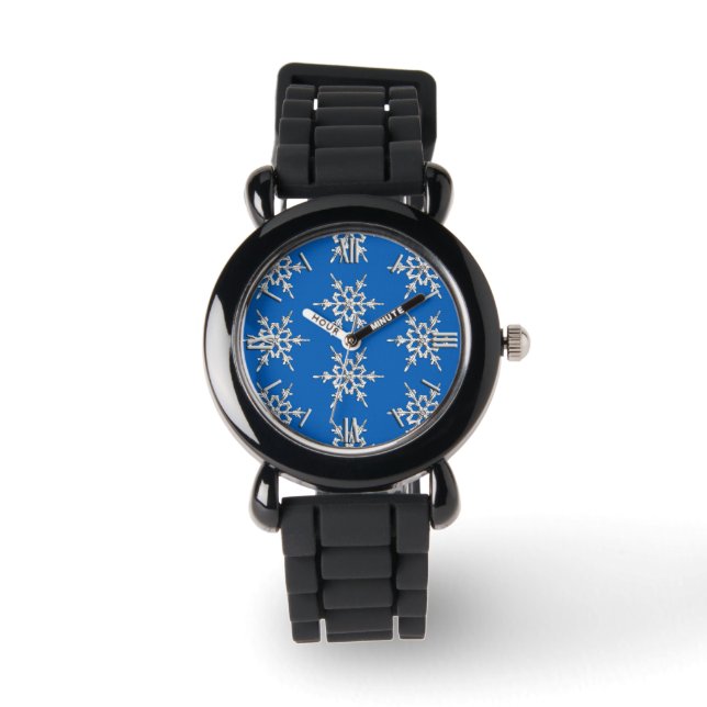 Snowflakes, silver crystals on cobalt blue watch (Front)