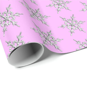 Snowflakes, silver crystals on ice pink wrapping paper