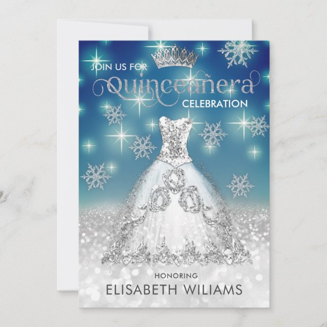 Snowflakes Silver dress ombre tiara Quinceañera  I Invitation (Front)