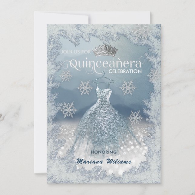 Snowflakes Silver dress ombre tiara Quinceañera  I Invitation (Front)