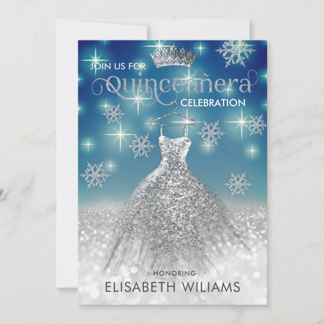 Snowflakes Silver dress ombre tiara Quinceañera  I Invitation (Front)