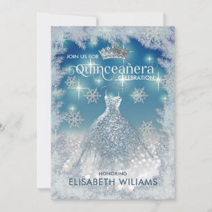 Snowflakes Silver dress ombre tiara Quinceañera Invitation
