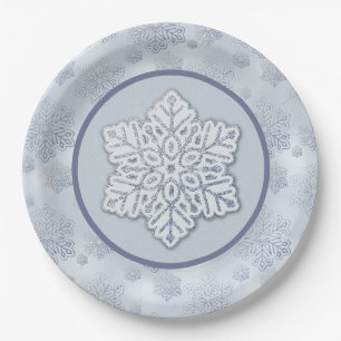 Snowflakes Silver Glitter Dusty Blue Paper Plate