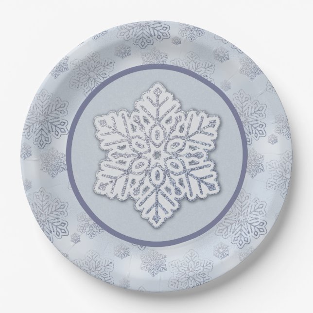 Snowflakes Silver Glitter Dusty Blue Paper Plate (Front)