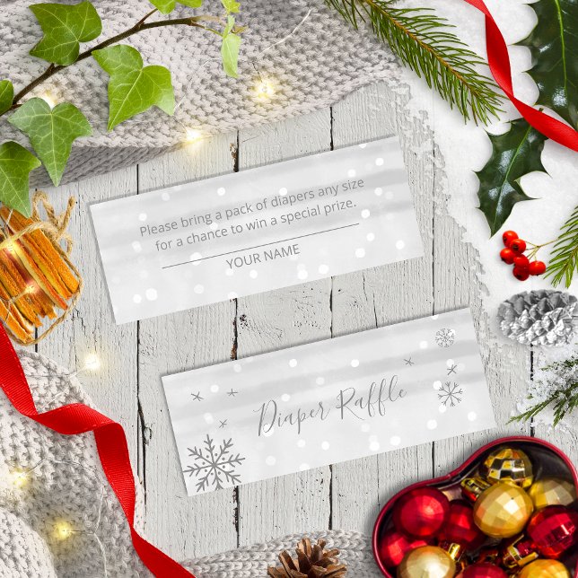 Snowflakes Silver Grey Baby Shower Diaper Raffle Mini Business Card (Creator Uploaded)