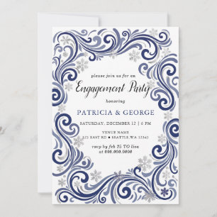 Snowflakes Silver Navy Winter Engagement Invitation