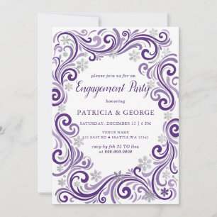 Snowflakes Silver Purple Winter Engagement Invitation