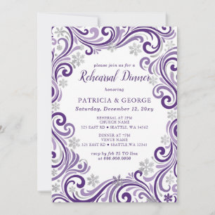 Snowflakes Silver Purple Winter Rehearsal Dinner Invitation
