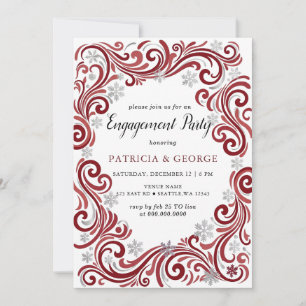 Snowflakes Silver Red Winter Engagement Invitation