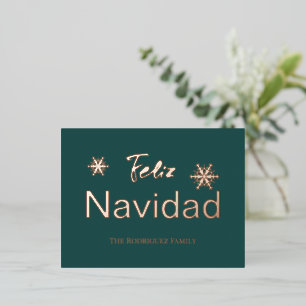 Snowflakes Simple Feliz Navidad Rose Gold Foil Holiday Postcard