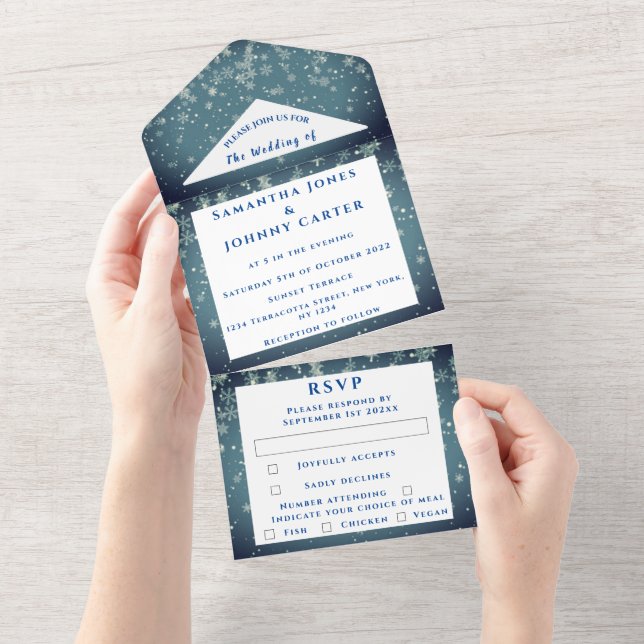 Snowflakes Snow Blue Winter Wonderland Wedding  All In One Invitation (Tearaway)