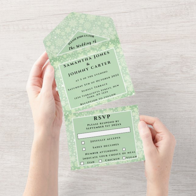 Snowflakes Snow Green Winter Wonderland Wedding All In One Invitation (Tearaway)
