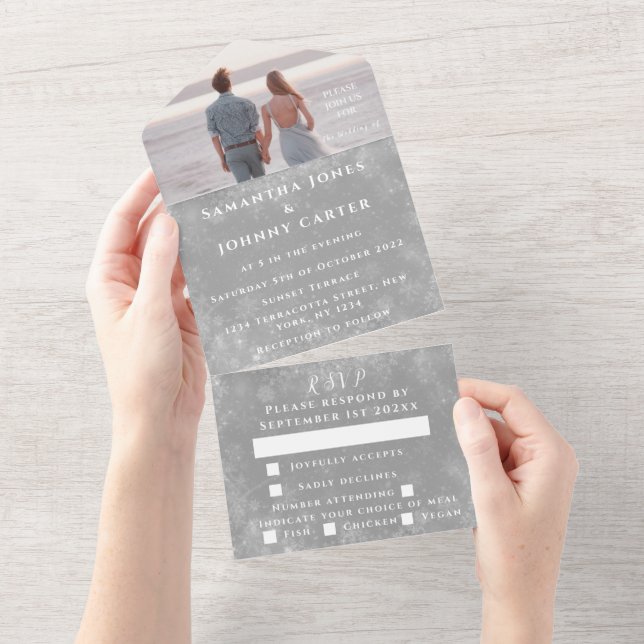 Snowflakes Snow Grey Winter Wonderland Wedding All In One Invitation (Tearaway)
