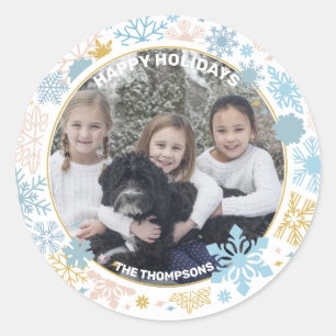 Snowflakes Snow Pink Blue Christmas Holidays PHOTO Classic Round Sticker