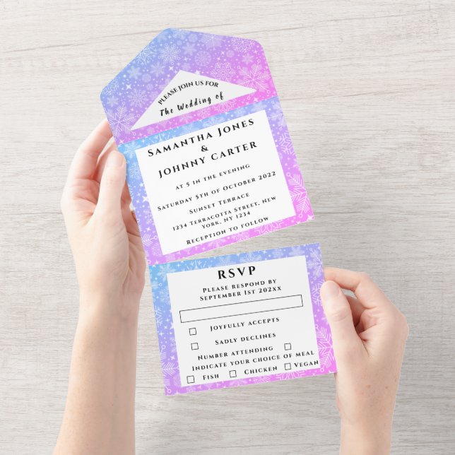 Snowflakes Snow Pink Winter Wonderland Wedding All In One Invitation (Tearaway)