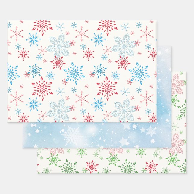 Snowflakes, snow, stars, blue winter sky wrapping paper sheet (Set)