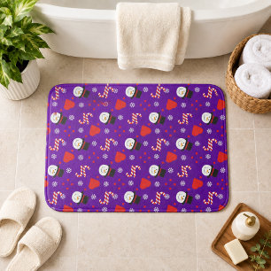 Snowflakes Snowman Candy Canes Blue Background Bath Mat