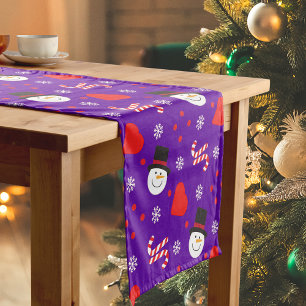 Snowflakes Snowman Candy Canes Blue Background Short Table Runner