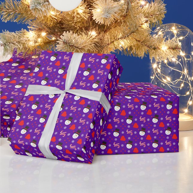 Snowflakes Snowman Candy Canes Blue Background Wrapping Paper (Holidays)