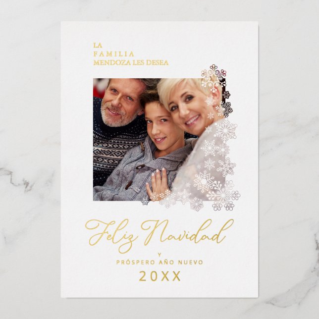 Snowflakes Spanish Modern Elegant Chic Christmas  Foil Holiday Card (Front)