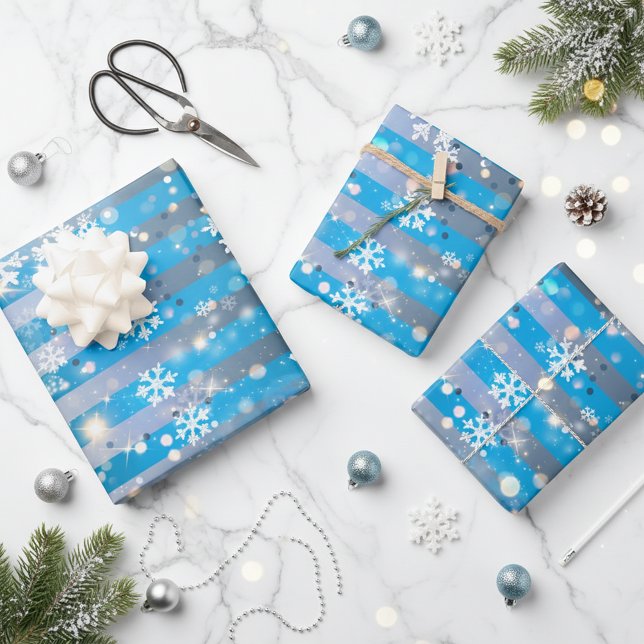 Snowflakes Sparkles and Lights On Blue Stripes Wrapping Paper Sheet (Creator Uploaded)