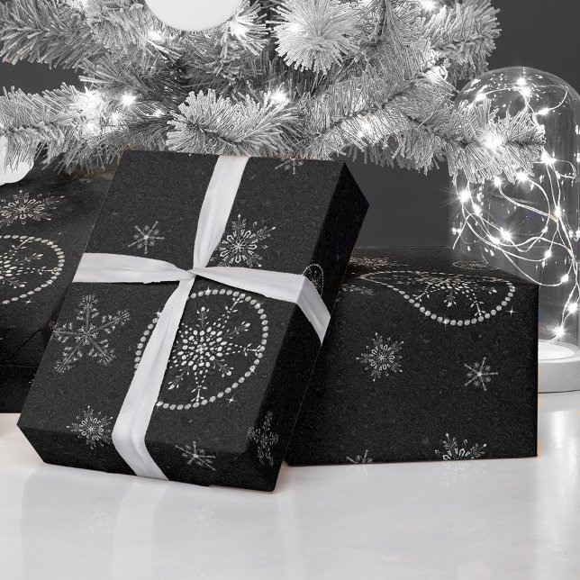 Snowflakes Sparkles Glitter Black Christmas Chic Wrapping Paper (christmas decor snow snowflake glitter sparkle rhinestones glam wrapping paper)