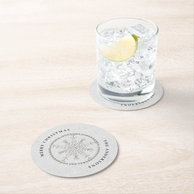Snowflakes Sparkles Glitter White Christmas Chic Round Paper Coaster (Insitu)