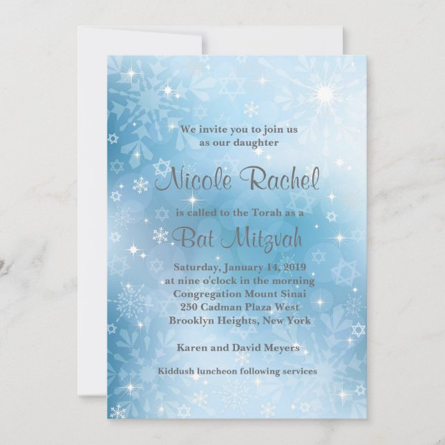 Snowflakes Star of David Bat Mitzvah Invitation (Front)