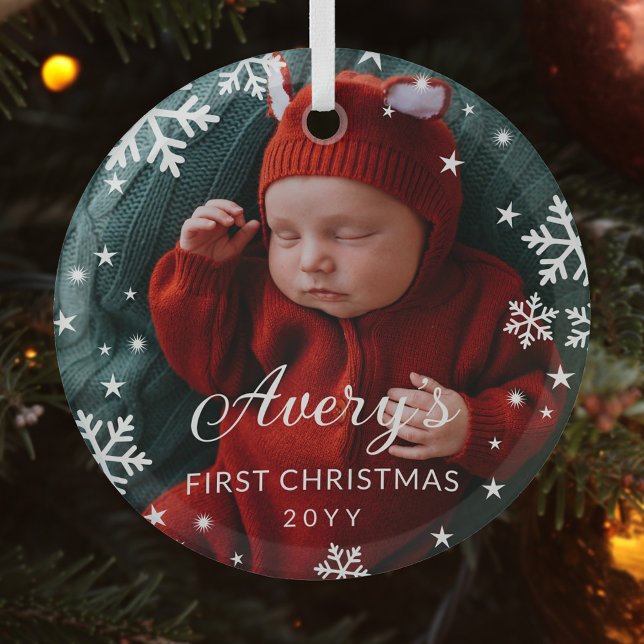 Snowflakes & Stars Baby's 1st Christmas Photo Glass Tree Decoration (Creator Uploaded)