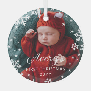 Snowflakes & Stars Baby's 1st Christmas Photo Glass Tree Decoration