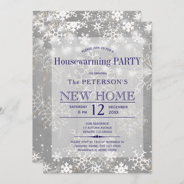 Snowflakes string lights winter housewarming party invitation (Front/Back)