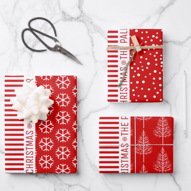 Snowflakes, stripes, trees and wishes red wrapping paper sheet (Front)