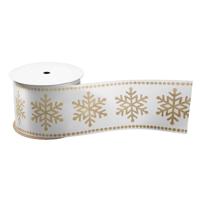Snowflakes Stripes White Christmas Gold Satin Ribbon (Spool)