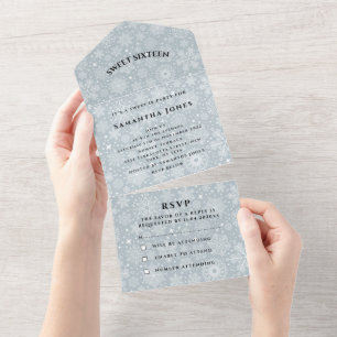 Snowflakes Sweet 16 Pretty Grey Girly  All In One Invitation