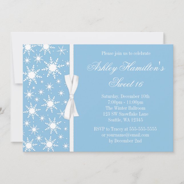 Snowflakes Sweet 16 Winter Wonderland Blue Invitation (Front)
