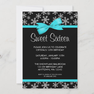 Snowflakes Teal Bow Winter Wonderland Sweet 16 Invitation